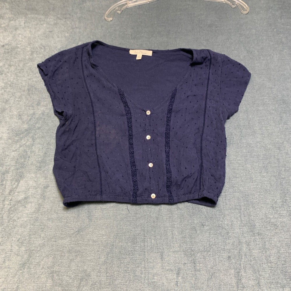 Love Tree Cropped Top Womens Large Navy Blue Button Front Short Sleeve V Neck